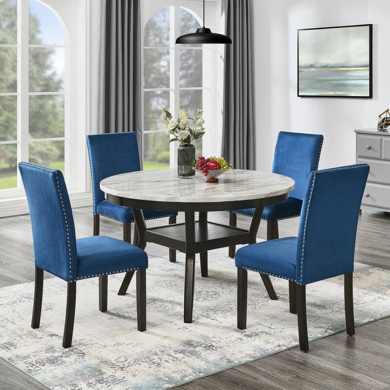 Contemporary 5-Piece Dining Set with Round Faux Marble Table and Velvet Upholstered Parsons Chairs - Stylish and Durable - Black,Blue,White Marble