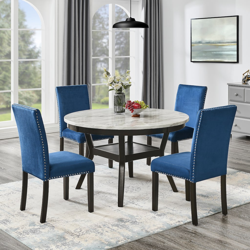 Contemporary 5-Piece Dining Set with Round Faux Marble Table and Velvet Upholstered Parsons Chairs - Stylish and Durable