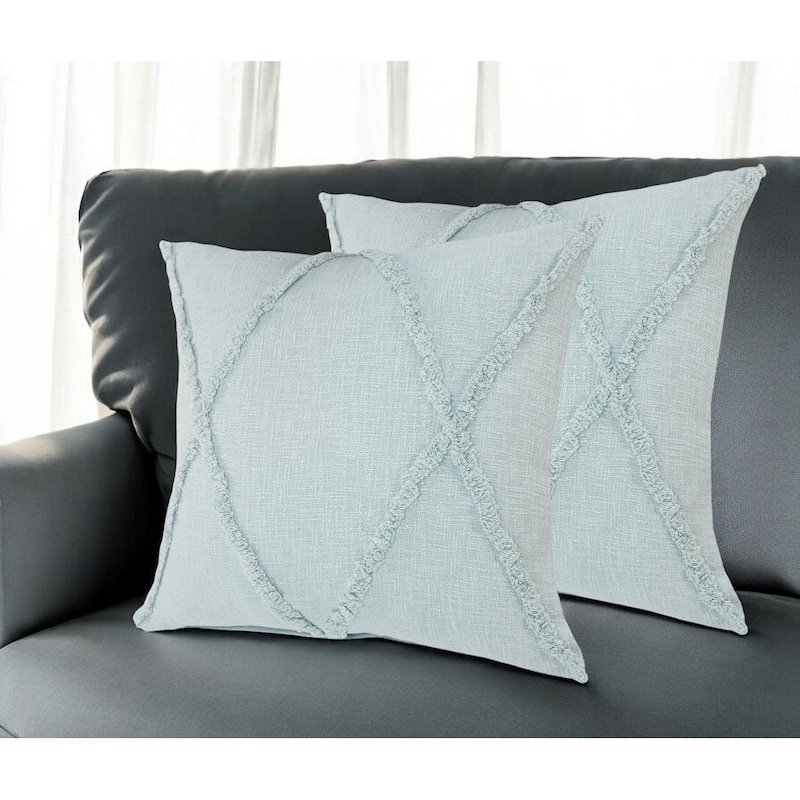 Set of Two Blue Diamond Cotton Throw Pillow With Fringe - Blue