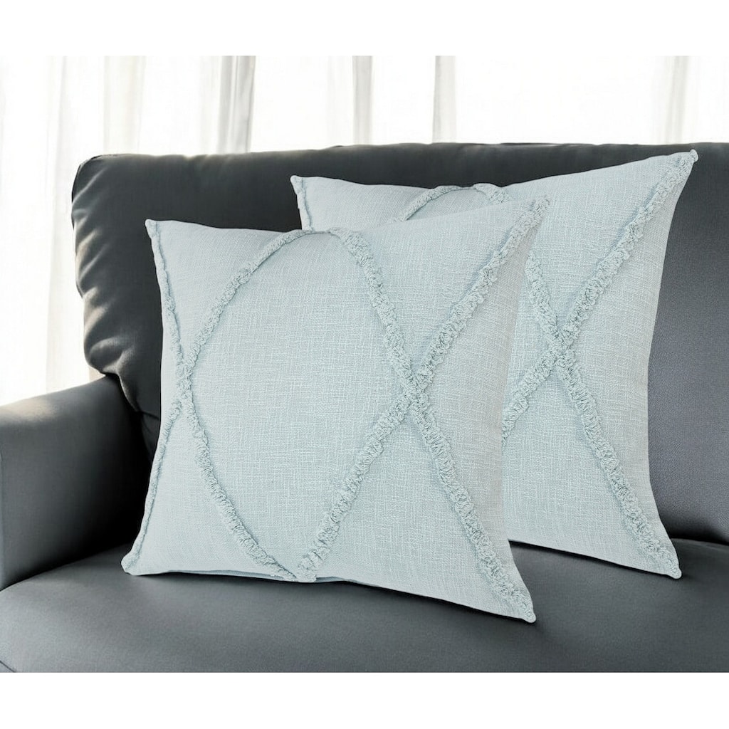 Set of Two Blue Diamond Cotton Throw Pillow With Fringe
