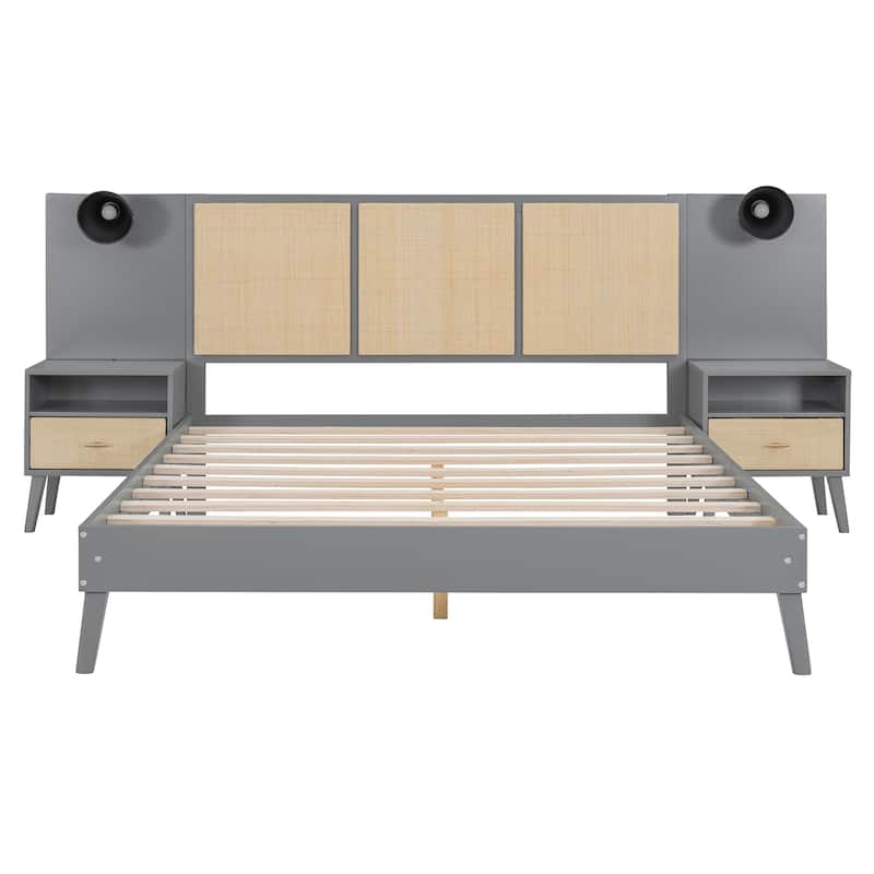 Queen Size Platform Bed with 2 Nightstands and 2 Lamps, Wooden Bed Frame with Elegant Rattan Headboard and Wood Combination