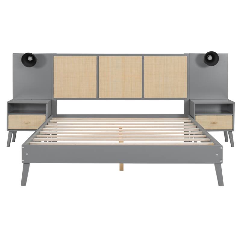 Queen Size Solid Wood Bed Frame with 2 Nightstands, Modern Platform Bed with Headboard, Lamps, Rattan Wood Combination Set