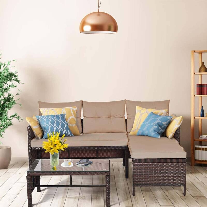 3 Pieces Outdoor Furniture Set Rattan Wicker Sofa Table Garden Patio