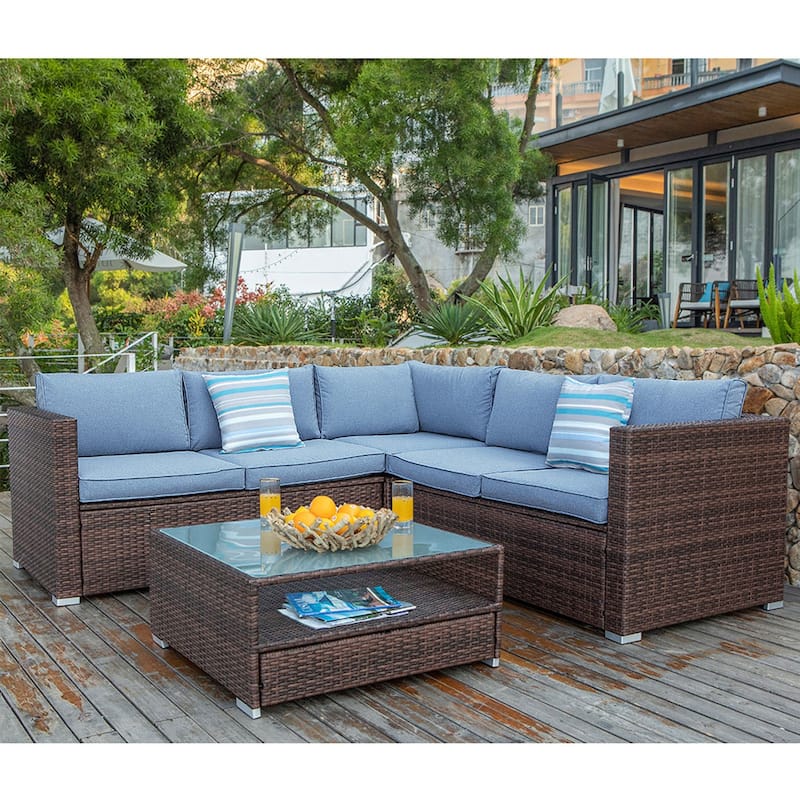 COSIEST Wicker Outdoor Patio Sectional Set with Coffee Table - Blue
