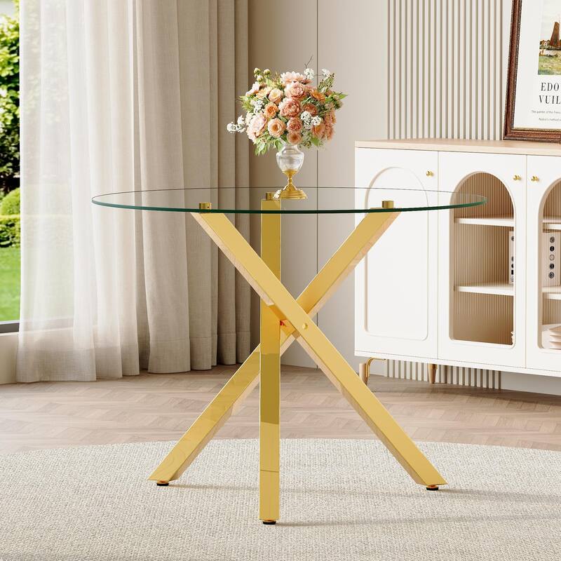 Modern X-Shaped Gold Metal Frame Round Dining Table, 39-inch Tempered Glass Top, Suitable for 2-4 Persons - Gold,Transparent