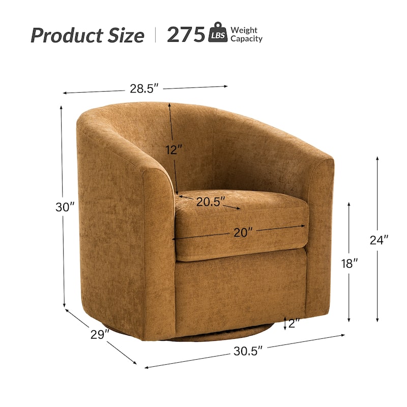 Cuenca Modern Living Room Wooden Upholstered 360° Swivel Barrel Chair with Metal Base and Wide Backrest