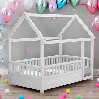 Twin Size Floor House Bed with House Roof Frame and Fence Guardrails