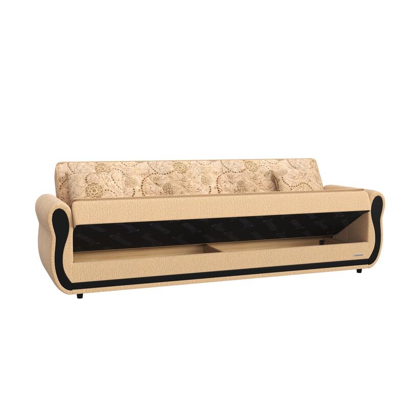 HomeRoots 90" Beige Chenille Convertible Futon Sleeper Sofa And Toss Pillows With Storage