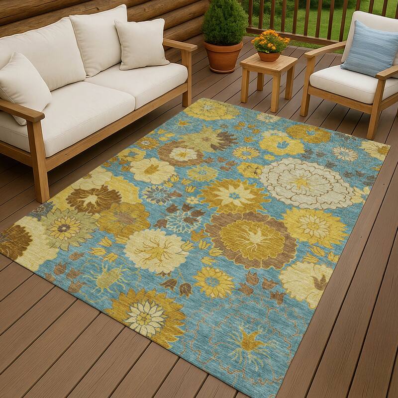 Machine Washable Indoor/ Outdoor Modern Floral Chantille Rug
