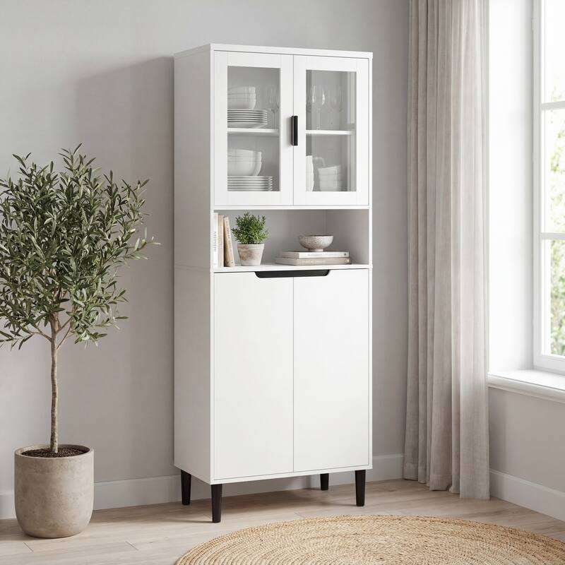 Anmytek White 4-Door Tall Storage Cabinet, Tempered Glass Doors, Adjustable Shelves, MDF Bookcase for Living Room Bedroom
