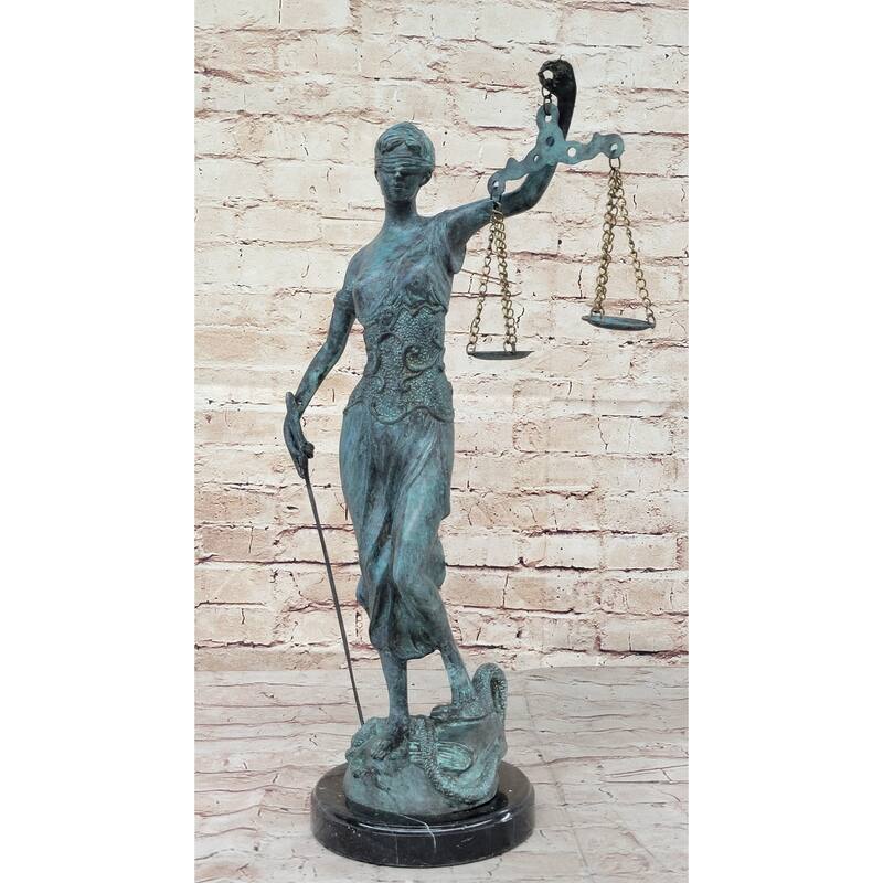 Blind Lady Justice Bronze Statue Sculpture Green Patina Oxidized Aged 19 Inches X 12 Inches