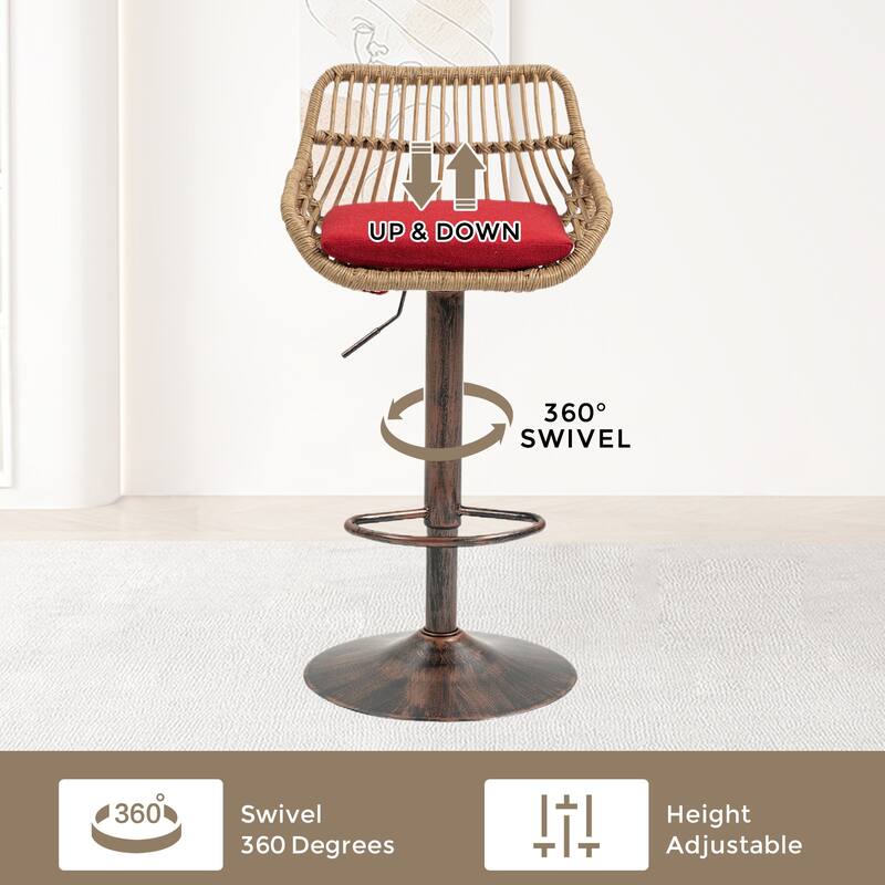 360° Swivel Bar Stools Set of 2, Adjustable Counter Height Chairs with Footrest, Rattan Bar Chairs with Cushions