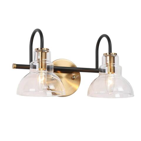 2-Light Modern Glass Bathroom Vanity Light Black Gold Wall Sconce Lighting - 14.5" L x 7.5" W x 8" H