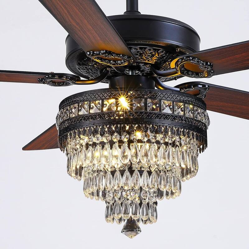 52 Inches AC Motor Crystal Ceiling Fan Fandelier with Lights,For Bedroom,Kitchen,Patio,Remote or Wall Control - 52 Inches - Black with Brown