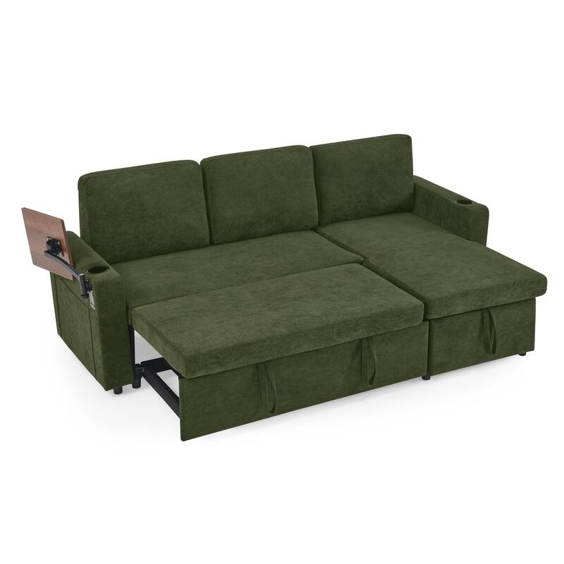 Pull Out Sleeper Sofa Bed Chenille L-shaped Sectional Couch with Storage Chaise, Retractable Table, LED, USB and Cup Holders