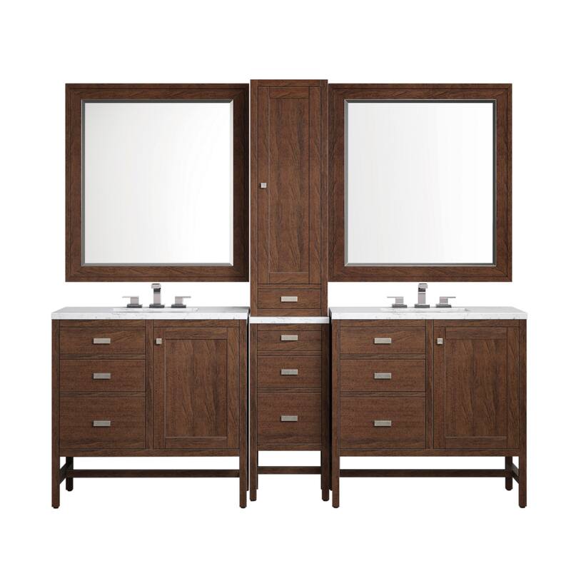 James Martin Addison 87" Double Sink Bathroom Vanity Deluxe Set, Mid-Century Acacia with 3cm Eternal Jasmine Pearl Quartz Top