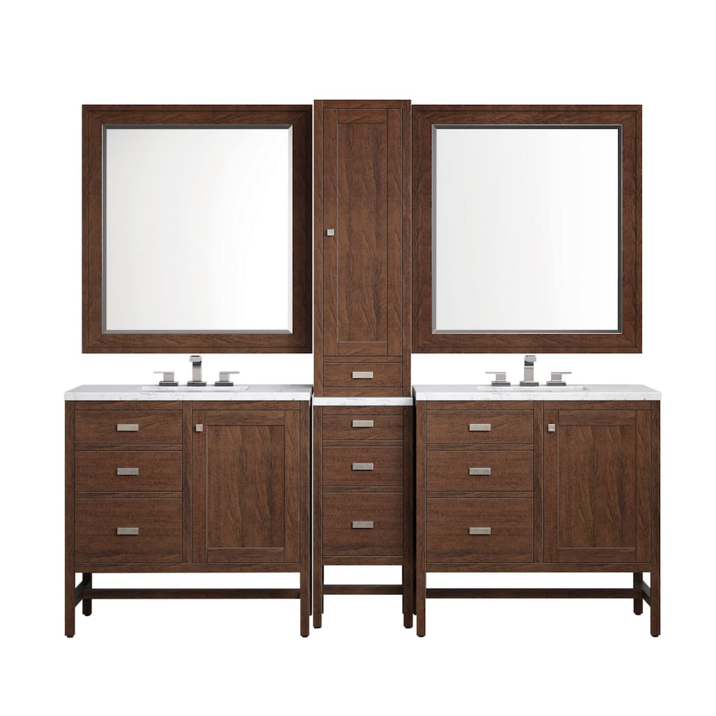 James Martin Addison 87" Double Sink Bathroom Vanity Deluxe Set, Mid-Century Acacia with 3cm Eternal Jasmine Pearl Quartz Top