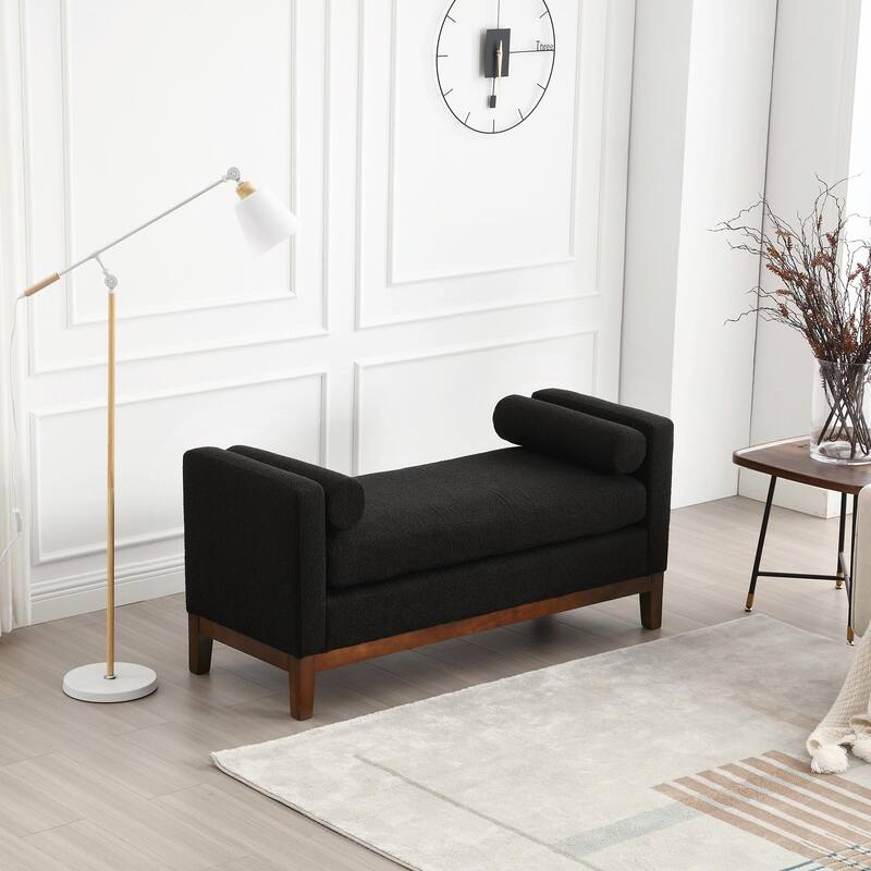 Elegant 53.5" Upholstered Ottoman Bench with Wood Legs & Bolster Pillows