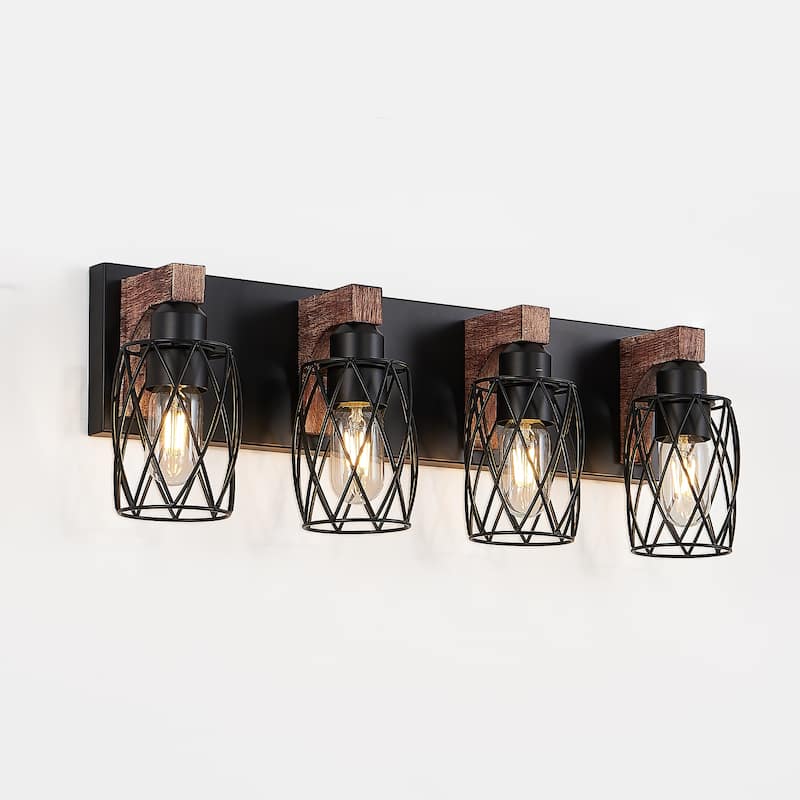 24" Industrial Vintage 4-Light Wall Sconce, Cage Wall Lighting Fixture - Walnut+black