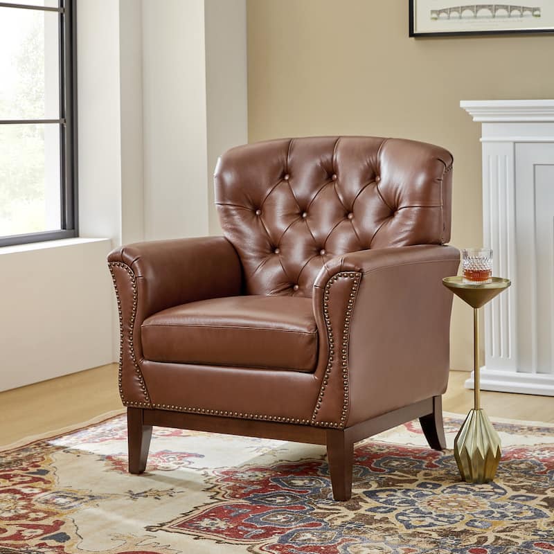 Burt Traditional Genuine Leather Accent Chair with Tufted Wing Back by HULALA HOME - Brown