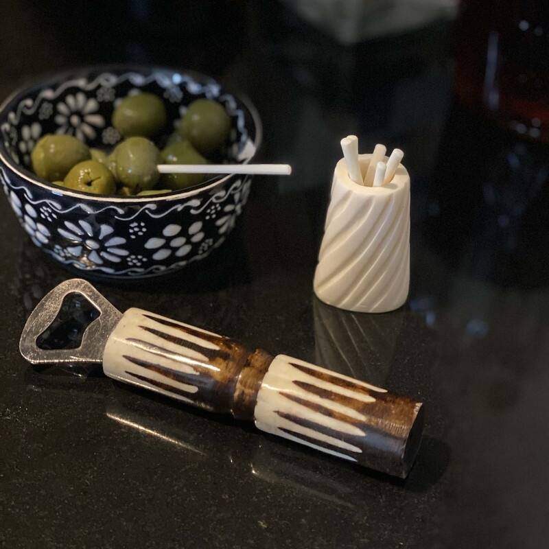 Hand-carved Bar Kit Cocktail Picks with Jar & Bottle Opener, Natural Bone