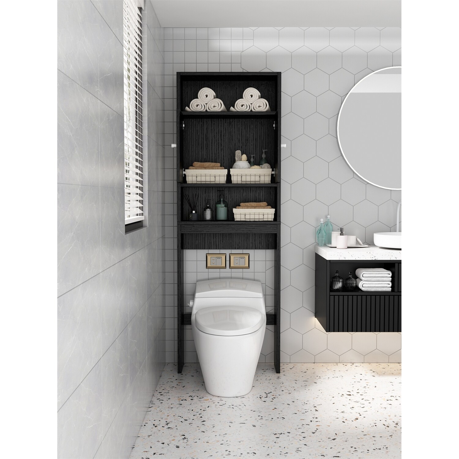 Over The Toilet Storage Black, 4-Tier Bathroom Cabinet with Side Shelves,  Freestanding Rack Restroom Space Saver - Bed Bath & Beyond - 37641045