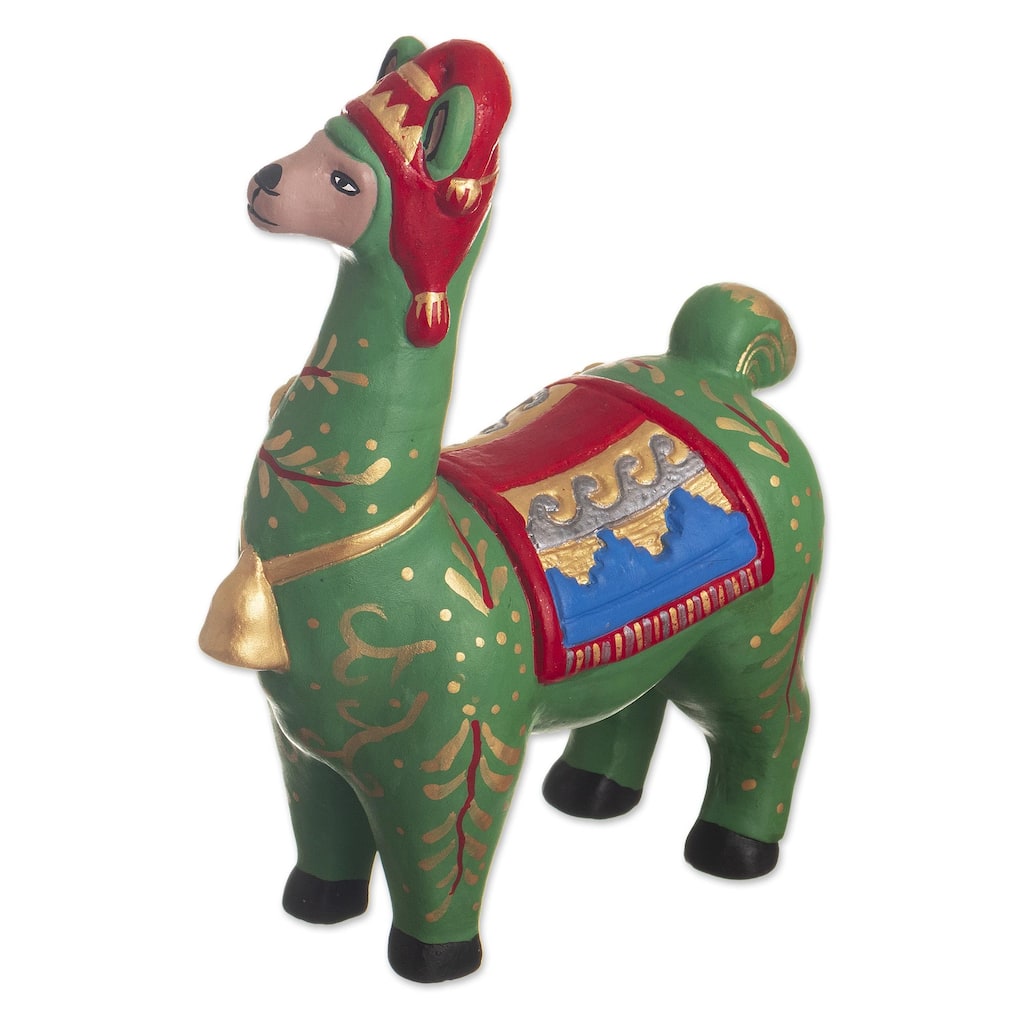 Novica Handmade Holiday Llama In Green Ceramic Statuette