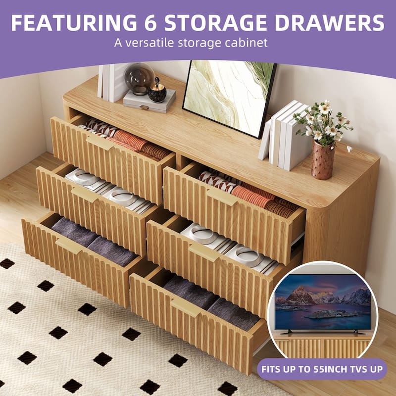 6 Drawer Wood Dresser with Wave Fluted Panel Storage Organizer for Bedroom