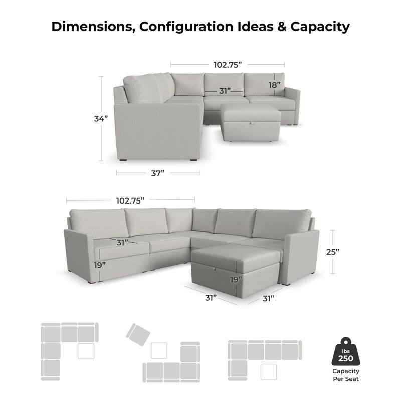 Flex Taupe Fabric 5-Seat Sectional with Narrow Arm and Storage Ottoman - 102" x 35" x 102"