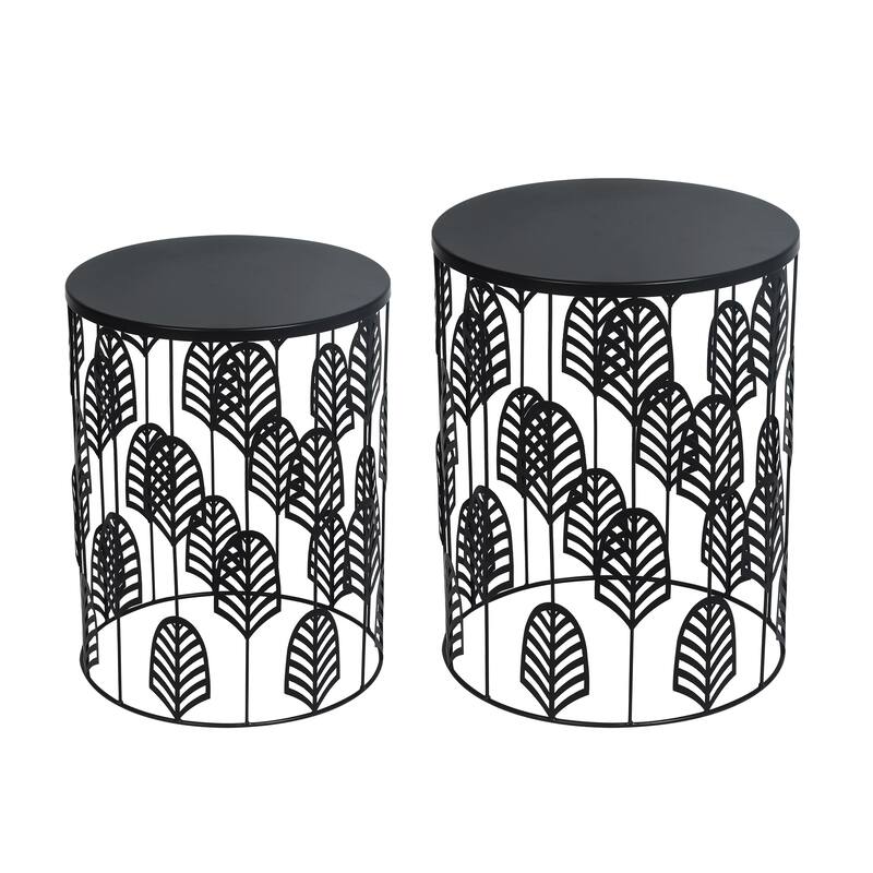 Adeco Set of 2 Round Metal Nesting Side End Tables Set - set of 2 - Black-leafpattern
