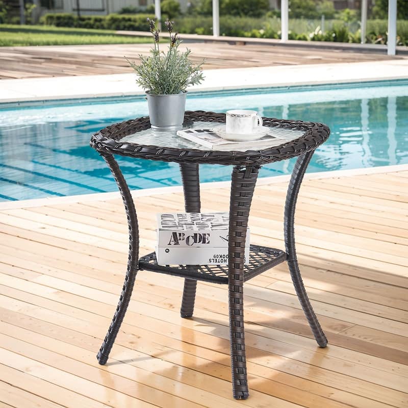 Stylish Outdoor Wicker side Table with Glass Top
