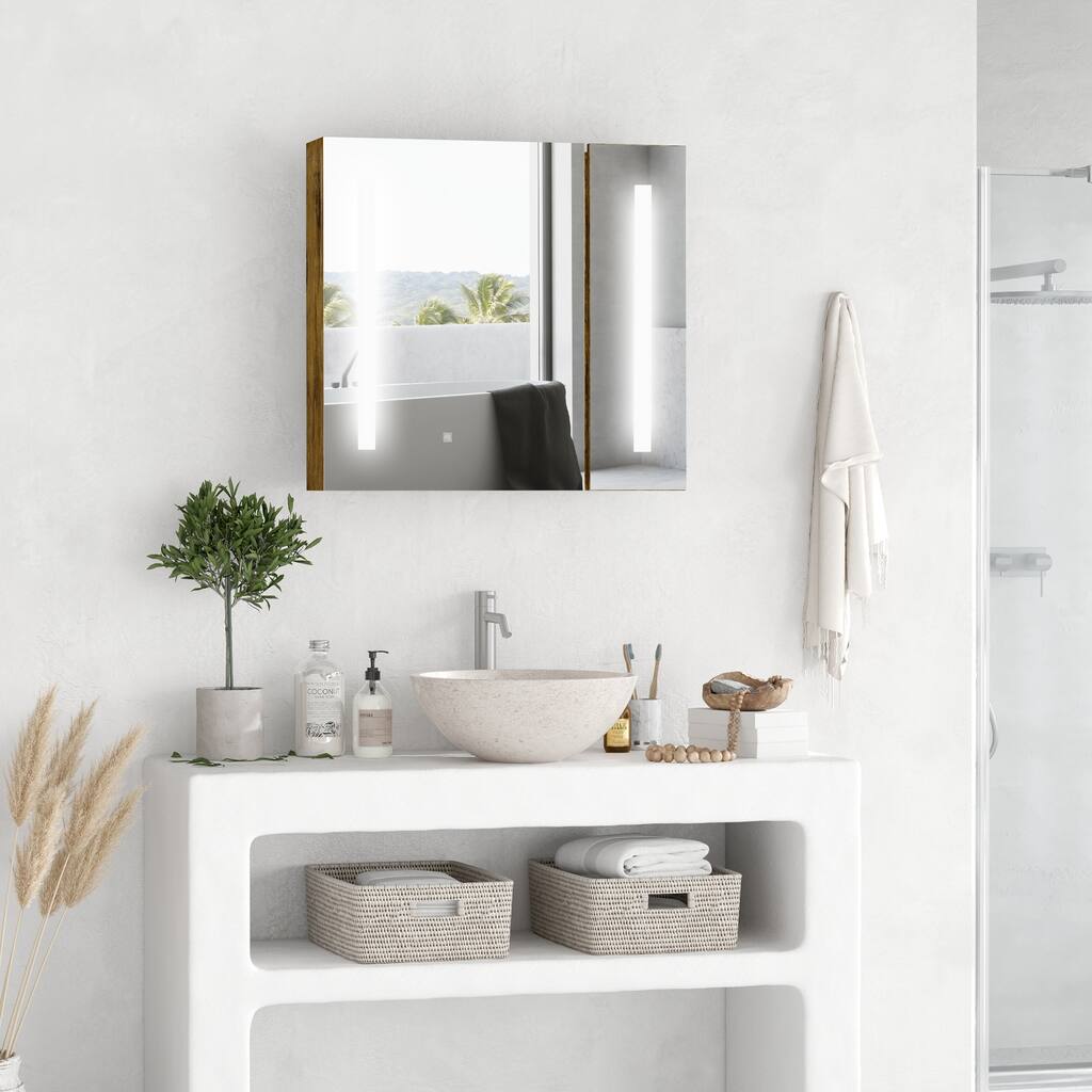 kleankin 27.5 Inch x 25.5 Inch LED Lighted Medicine Cabinet with Mirror, Wall Mounted Dimmable Bathroom Cabinet