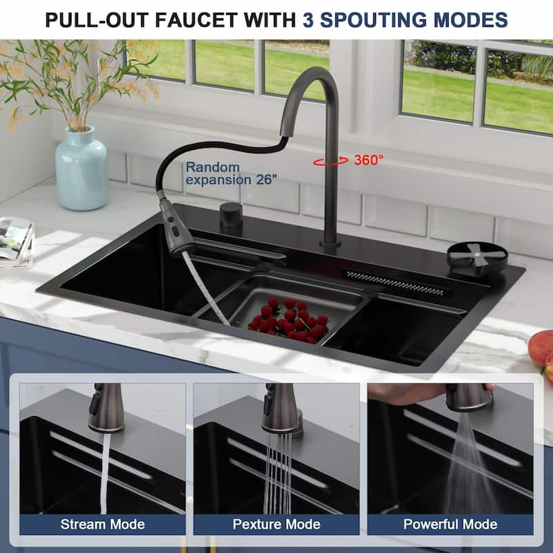 Lordear 31" Kitchen Sink Drop In Flying Rain Waterfall Stainless Steel Sink with Cup Washer and Pull Out Faucet