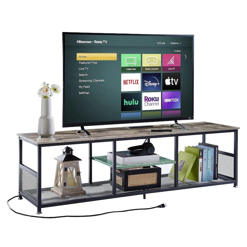 VECELO 55 Inch Grey TV Stand TV Media Console Table Entertainment Center with Power Outlets and Open Storage Shelves