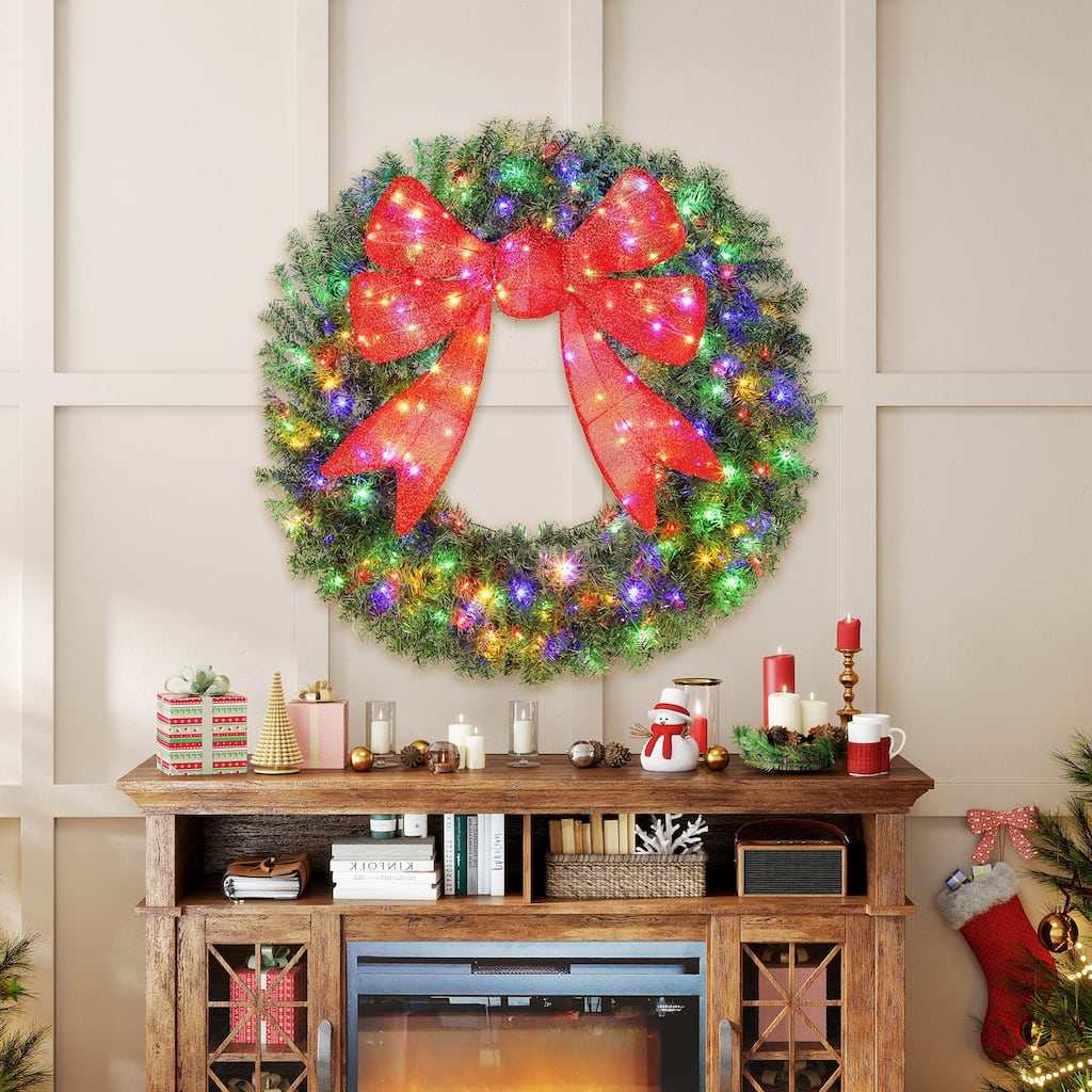HOMCOM 48in Pre-Lit Xmas Wreath: 200 LED, 11 Modes, Remote, 3D Bow, Indoor/Outdoor