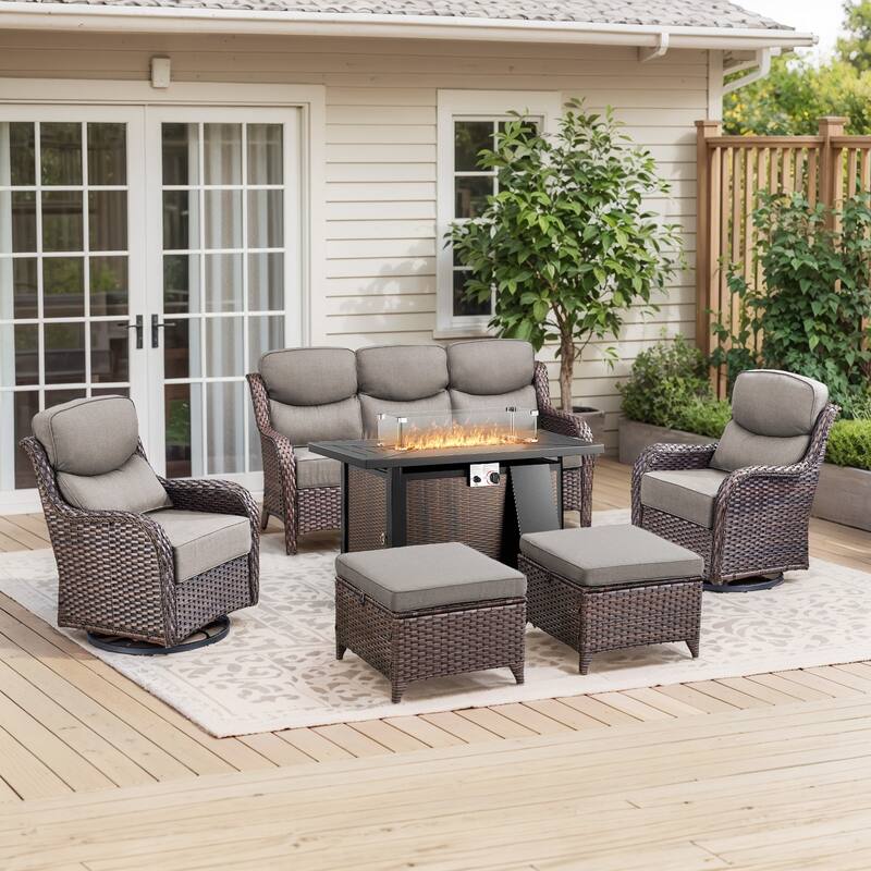 Pocassy Patio Furniture Set with 43 inch Fire Pit Table - Gray Cushion Brown Wicker - 6-Piece Sofa Siwvel Chair Ottoman w/ Fire Table
