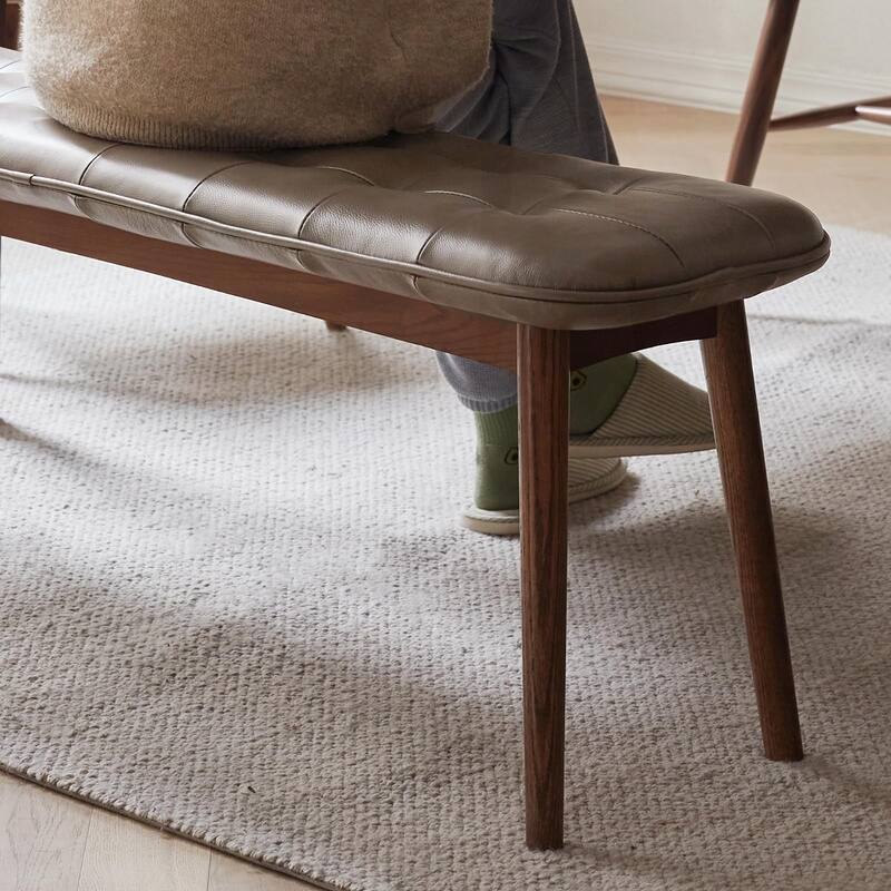 Versatile Oak Wood Bench with Leather Cushion for Various Rooms