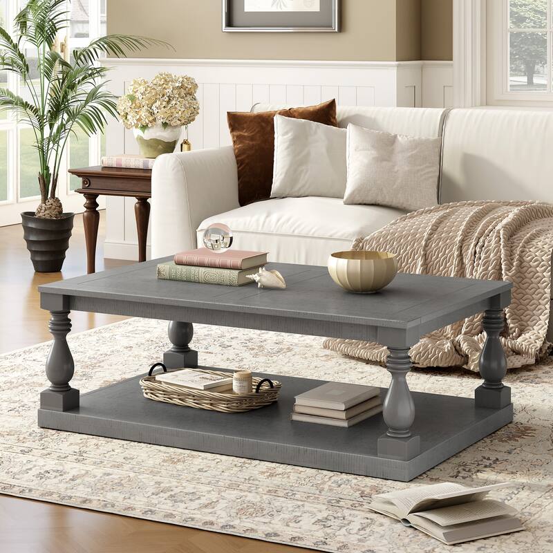 2-Tier Storage Coffee Tables with Vase Column Legs,Antique Wood Coffee Table Farmhouse 45" Rectangular Center Table - Grey