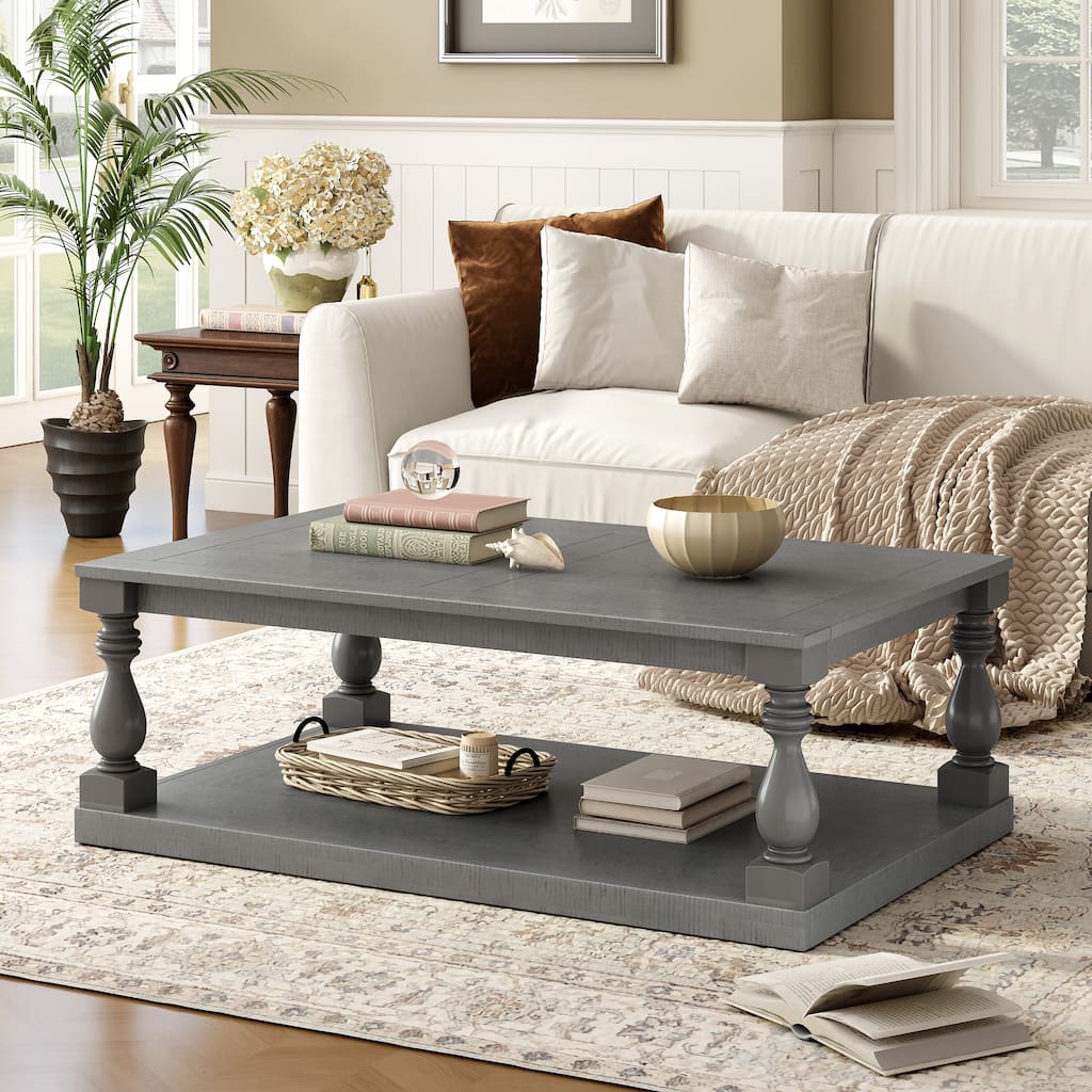 Modern Coffee Table, Vintage-Style Coffee Table with Vase-Shaped Column Legs and Pine Wood Veneer, for Living Room