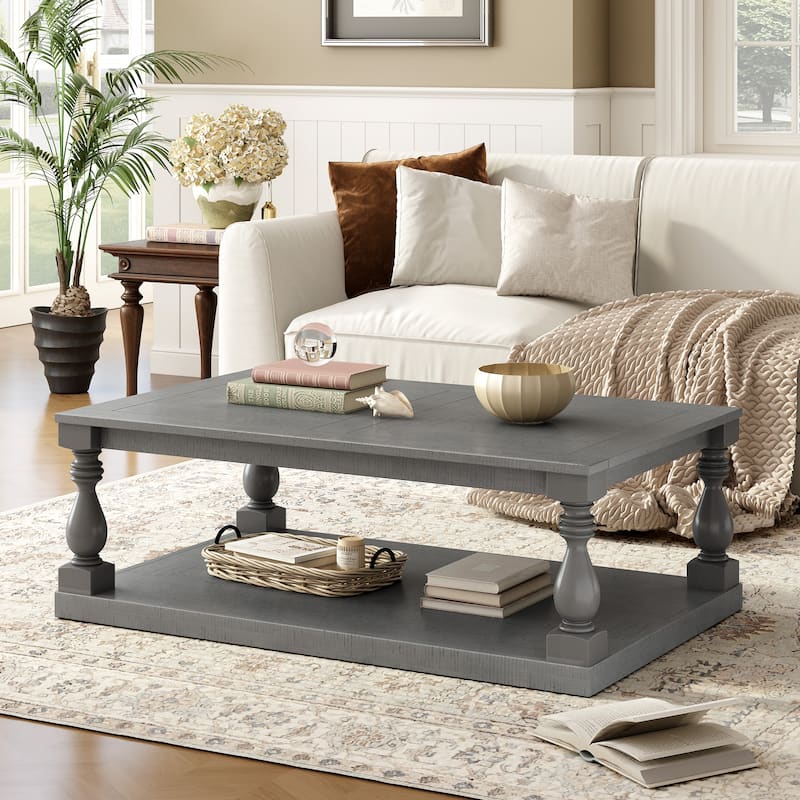 Rustic Solid Wood Floor Shelf Coffee Table with Storage