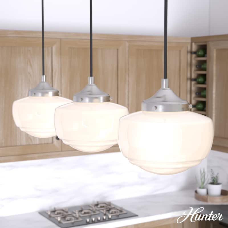 Hunter Saddle Creek 3-Light Linear Cluster Pendant - Kitchen Island, Dining Room - Modern Schoolhouse, Transitional - Brushed Nickel-White Glass