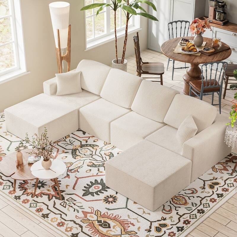 126" Modular Sectional Sofa, U Shaped Cloud Couches for Living Room, Upholstered Boneless Couch with Ottoman - Beige