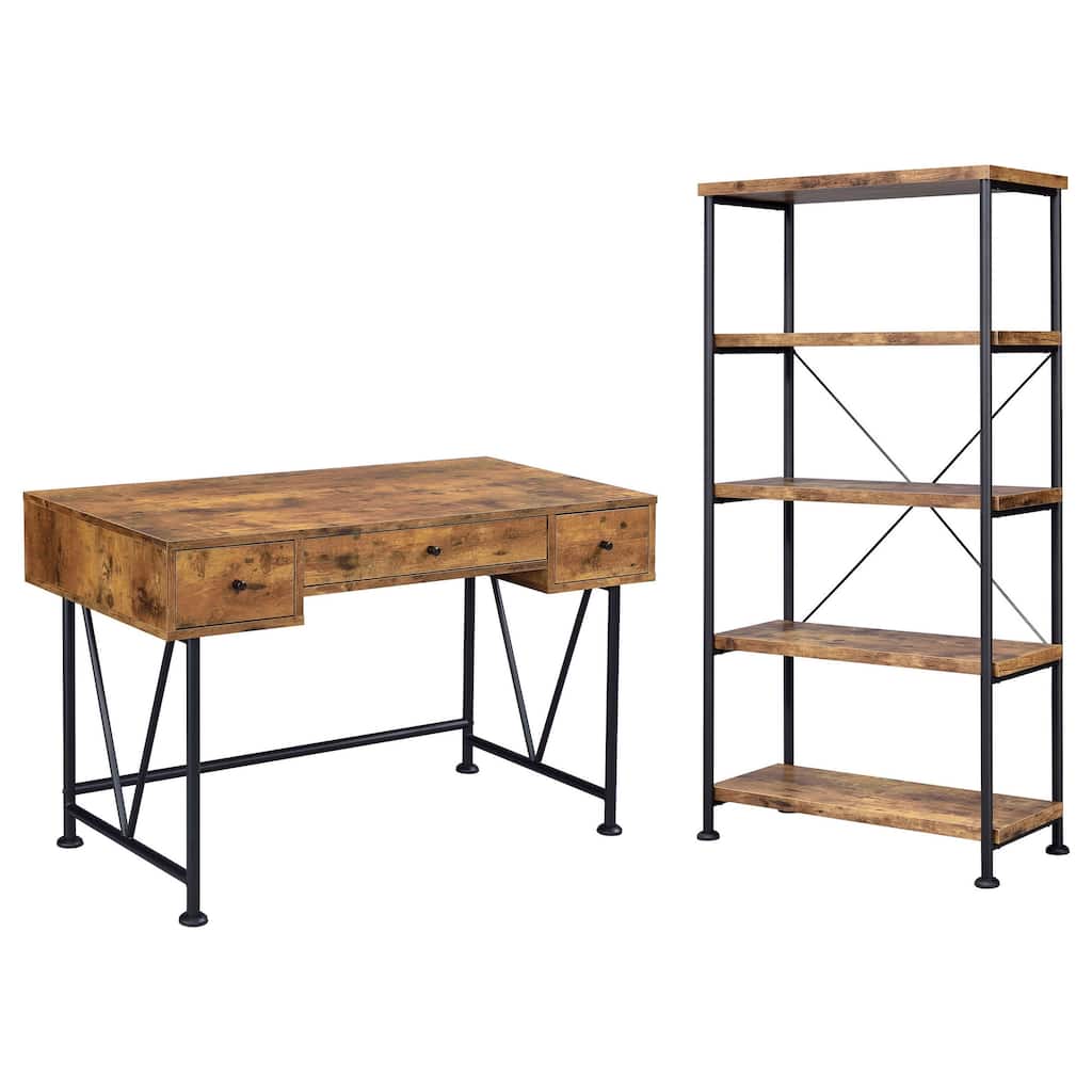 2 Piece Writing Desk with Bookshelf Unit, Rustic Brown, Black Metal Frame
