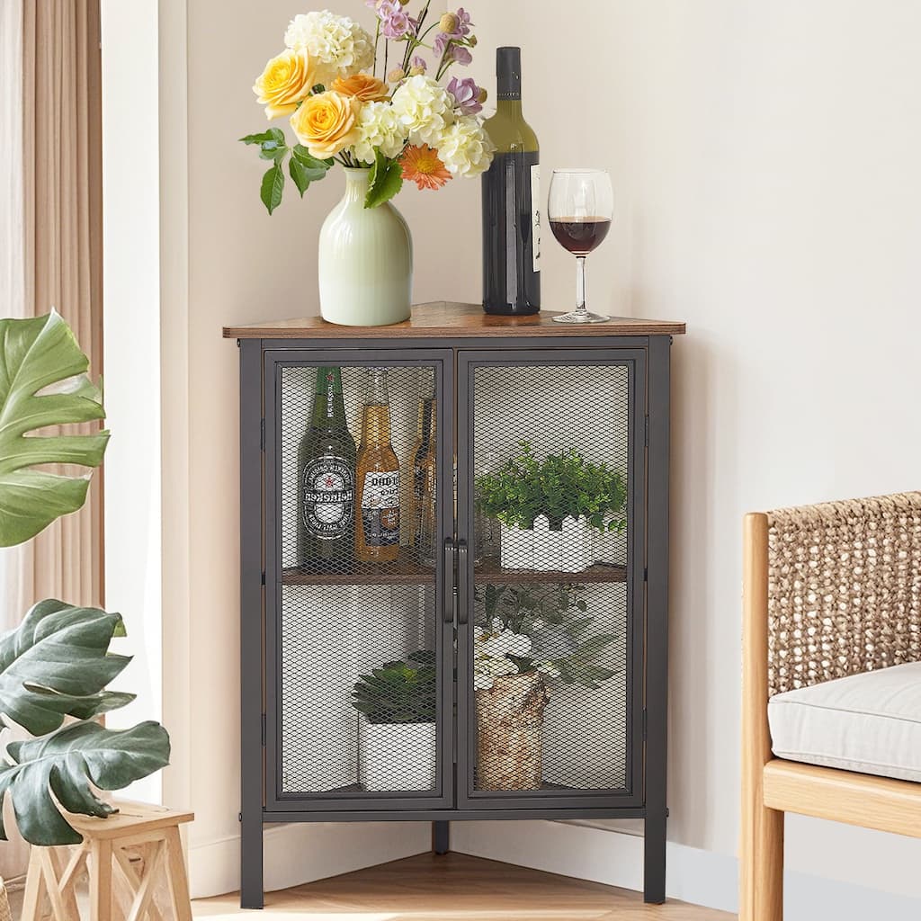 VECELO Triangular Corner Cabinet 27.5" 3-tier End Table with Mesh Doors For Small Spaces Indoor Outdoor(1PCS/2PCS)