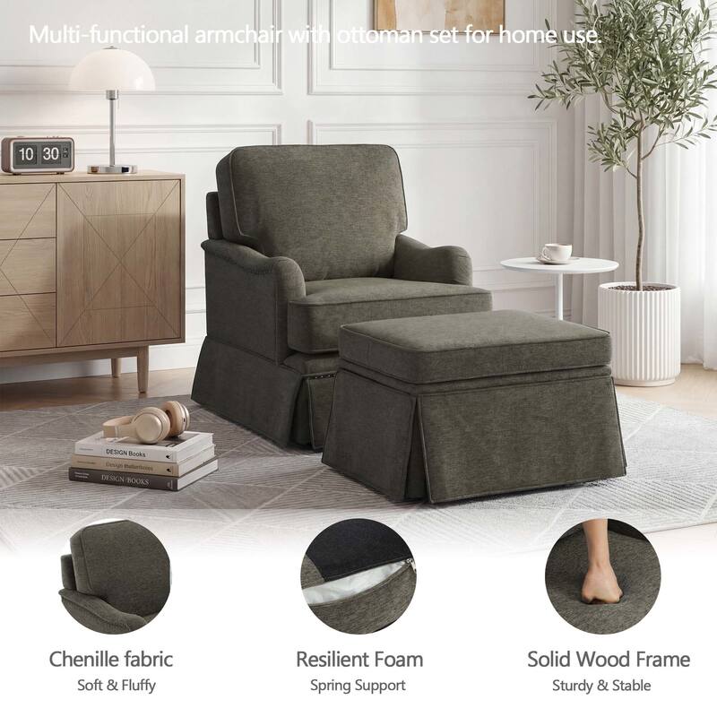 Modern Chenille Swivel Armchair and Storage Ottoman