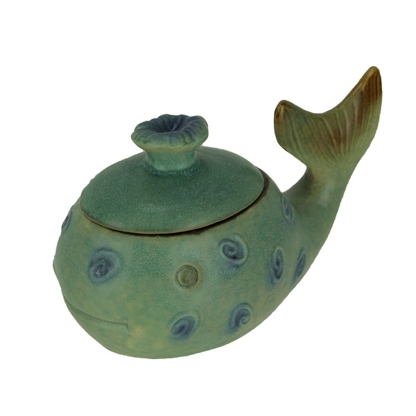Green Porcelain Whimsical Whale Decorative Lidded Trinket Box Storage Container - 5.25 X 8.75 X 4 inches