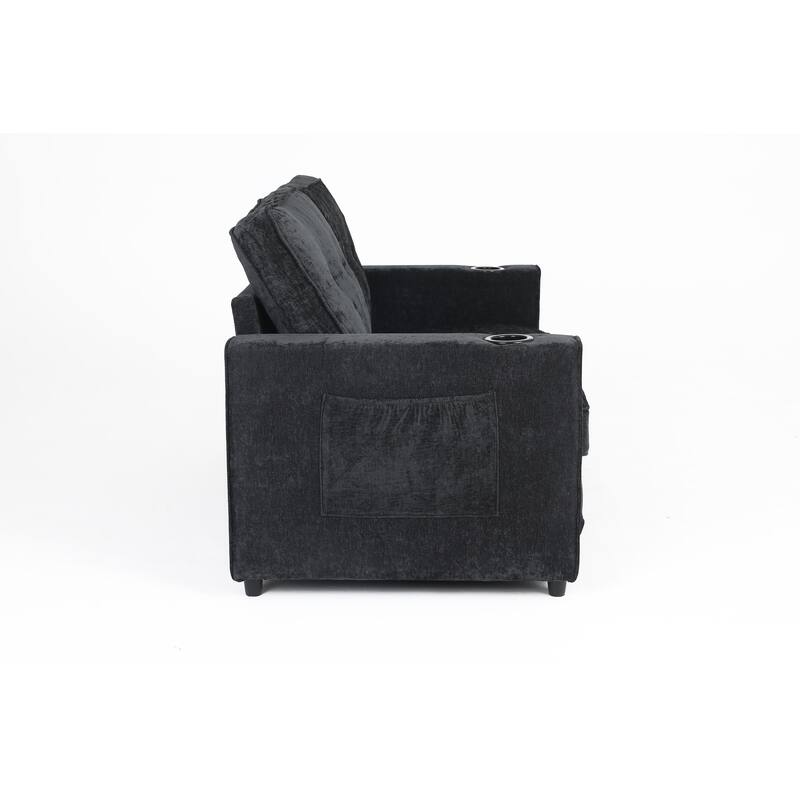 Sofa Bed with Pull-Out Straps, Velvet Sleeper Sofa with Side Storage Bags, Convertible Lounge Chaise Loveseat Daybed