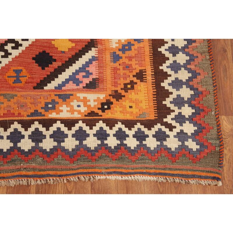 Orange Kilim Qashqai Persian Vintage Area Rug Hand-Woven Wool Carpet - 5'2"x 8'11"