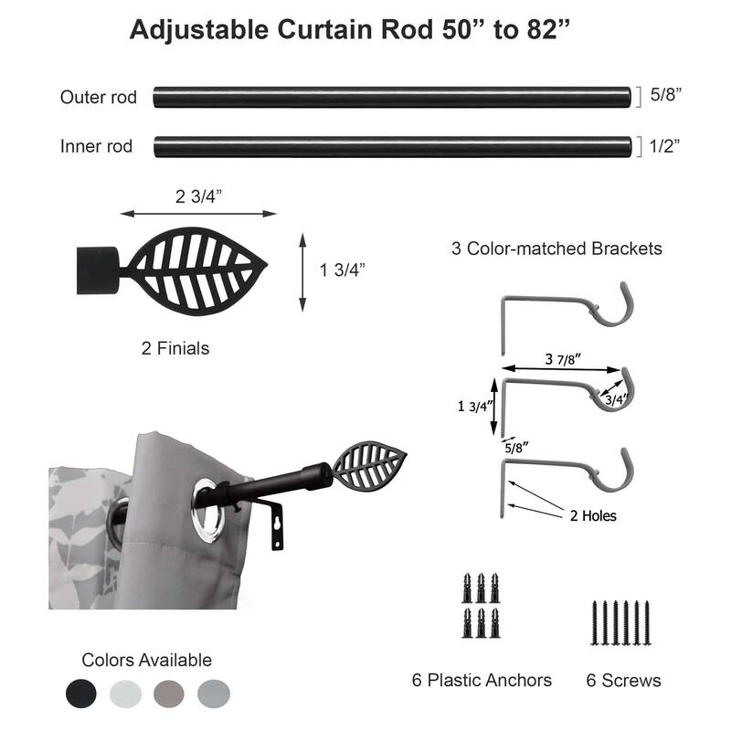 Adjustable Single Curtain Rod 50"-82" with Leaf Finials and Brackets - 50" to 82" L x 5/8" D