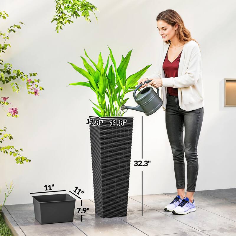 Outsunny 32 Inch Tall Planters for Outdoor Plants, Set of 2 Plastic Rattan-Like Flower Pots with Drainage Holes